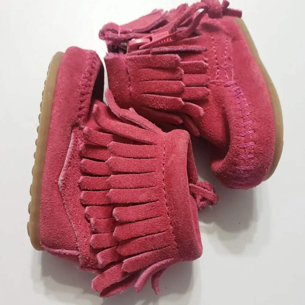 Minnetonka Girls 1 Ankle Booties Leather Pink Double Fringe Side Zip Shoes‎